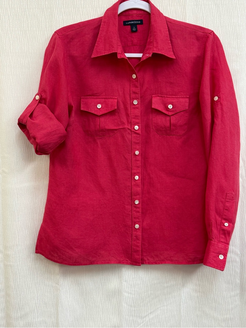 100% linen Lands' End Women's Button-Front Shirt in Pink